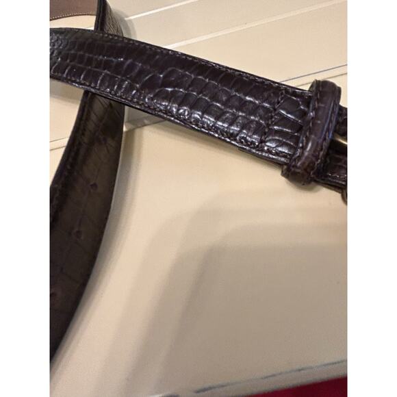 Talbots Sz Medium Belt Brown Italian Croc Embossed Leather Brass Leaf Buckle - Picture 7 of 11